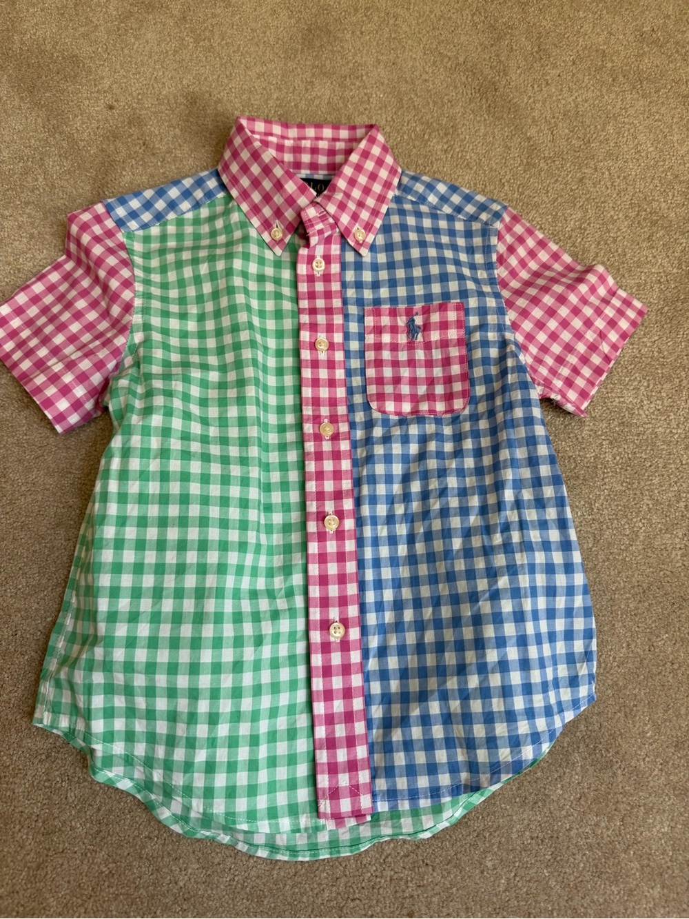 Ralph Lauren Kids Patchwork Gingham Short-Sleeve Shirt in Pink, Green & Blue